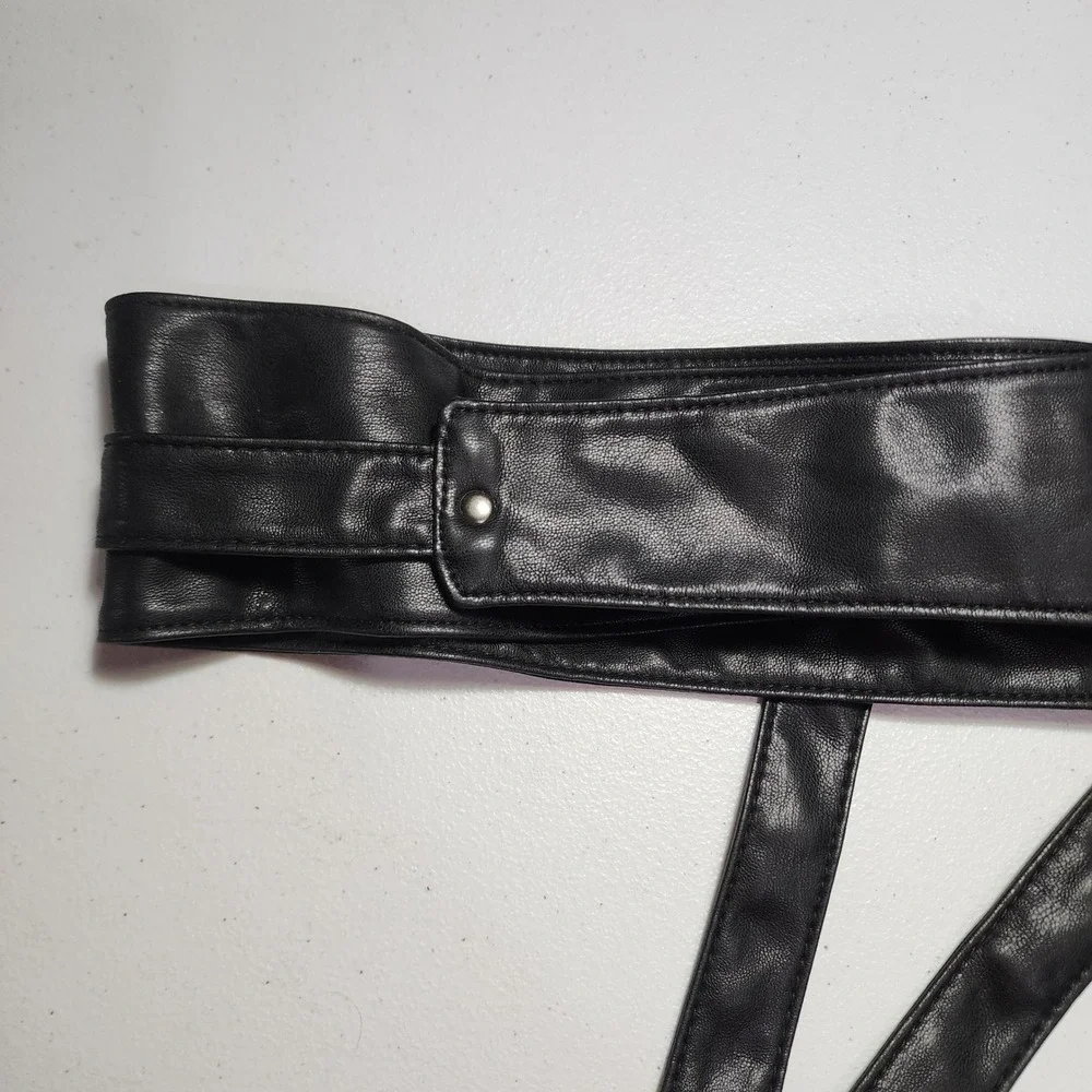 Black Faux Leather Obi Wrap Belt Wide Waist Sash Cinch Stud Detail
